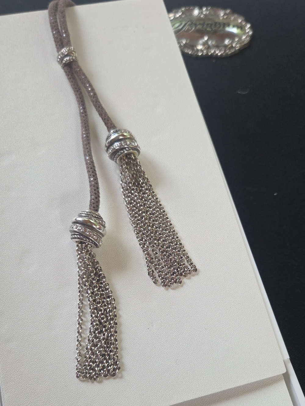 Brighton Taupe Cord Tassel Necklace with Swarovski Crystals
